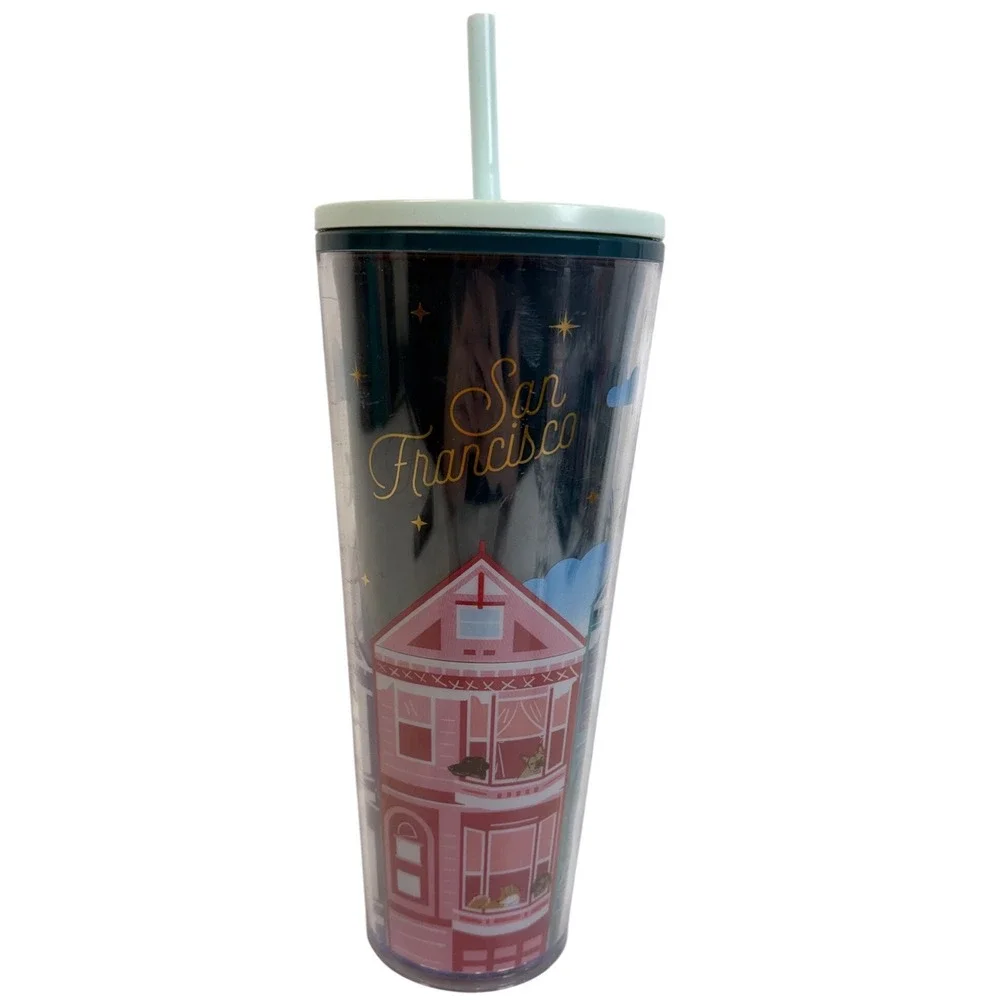 Starbucks San Francisco Painted Ladies Dogs Cold Cup Tumbler 24oz Teal Mint‎ Lid